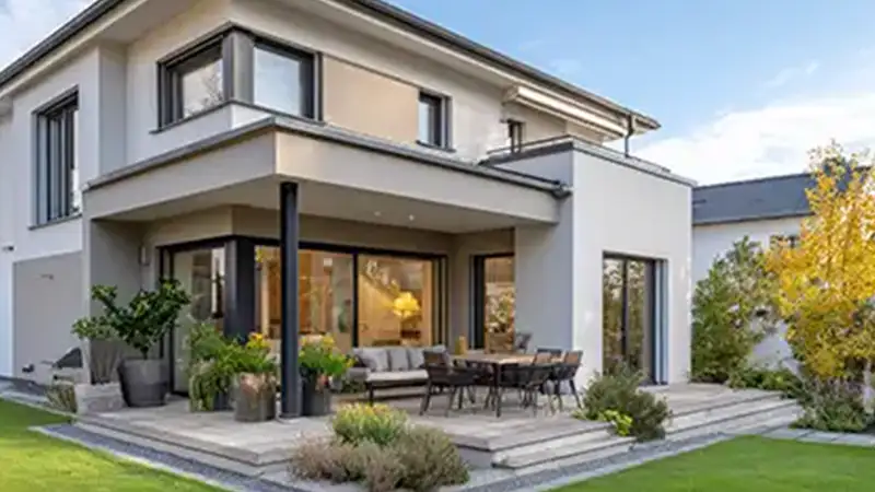 Moderne Terrasse mit stilvollen Gartenmöbeln und Pflanzen