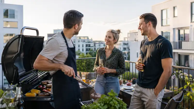 Drei Personen grillen auf einer Dachterrasse in einer Stadt