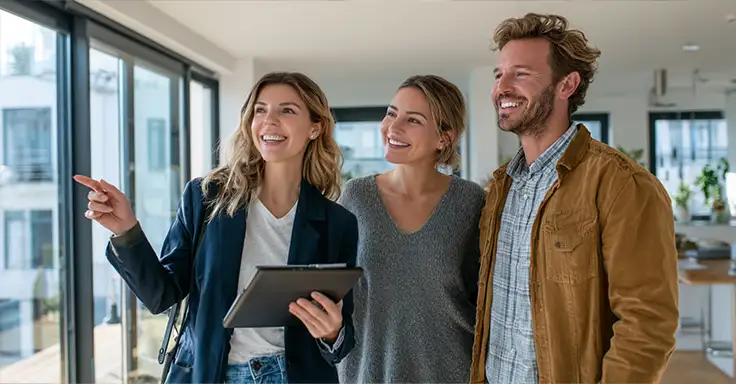 Lächelndes Paar mit Maklerin in moderner Wohnung